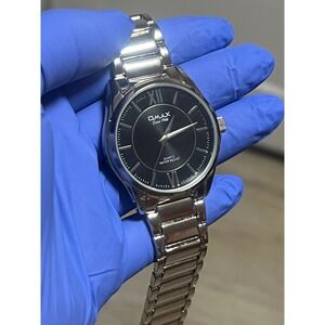 Omax Since 1946‎ Mens Quartz Watch Black Dial Silver Steel Link Bracelet HSJ827